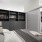 a bedroom with a bed and a shelf