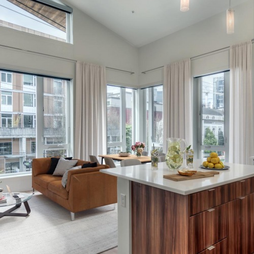 a large kitchen with a large island