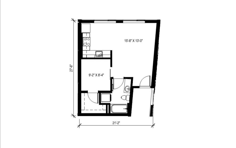 Open 1x1 - 2 - Studio floorplan layout with 1 bathroom and 543 square feet