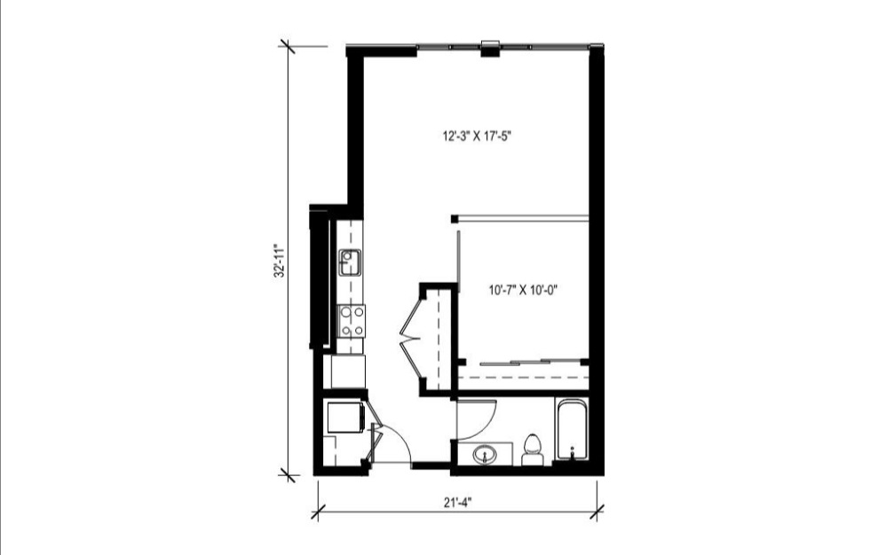 Open 1x1 - 10 - Studio floorplan layout with 1 bathroom and 679 square feet