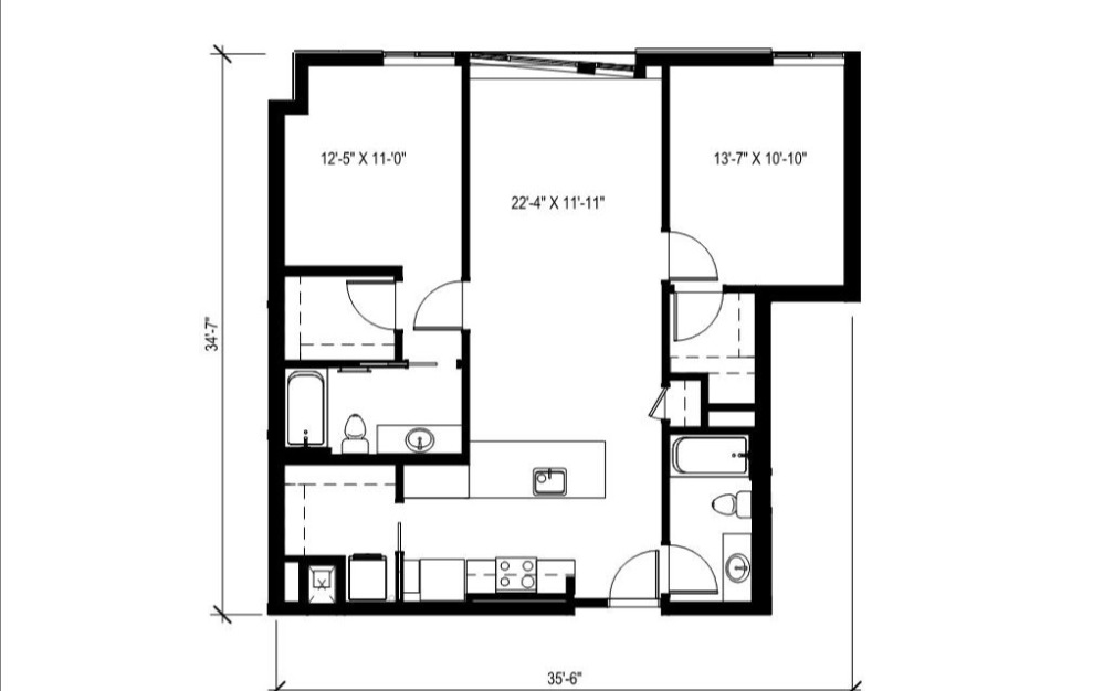 2x2 - 4 - 2 bedroom floorplan layout with 2 bathrooms and 1095 square feet