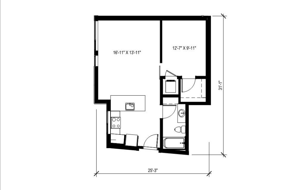 Open 1x1 - 9 - Studio floorplan layout with 1 bathroom and 638 square feet