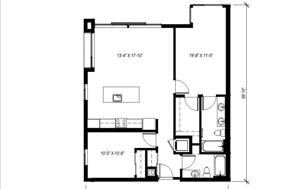 2x2 - 5 - 2 bedroom floorplan layout with 2 bathrooms and 1136 square feet